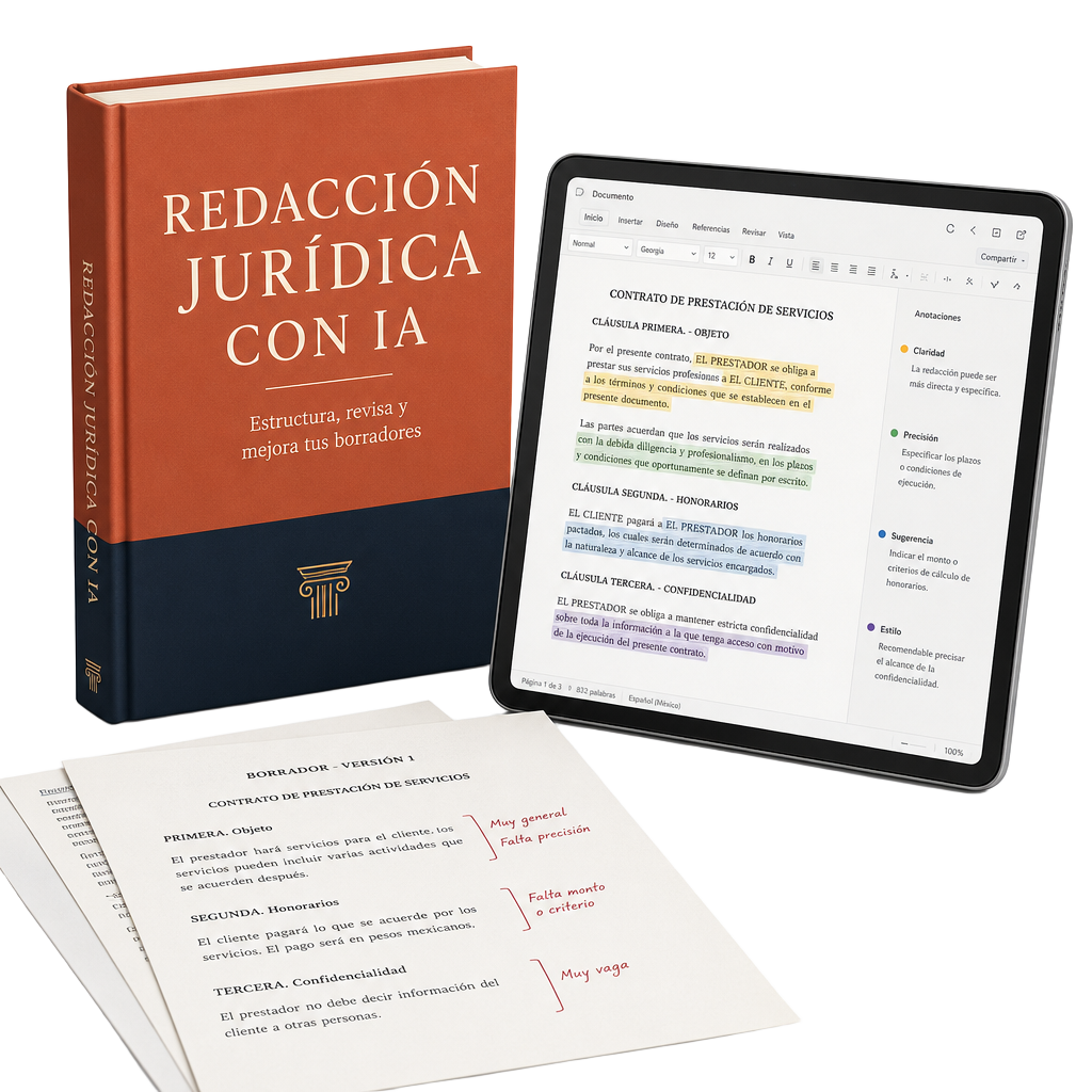 Libro Redacción Jurídica con IA junto a tablet con editor de documentos y anotaciones