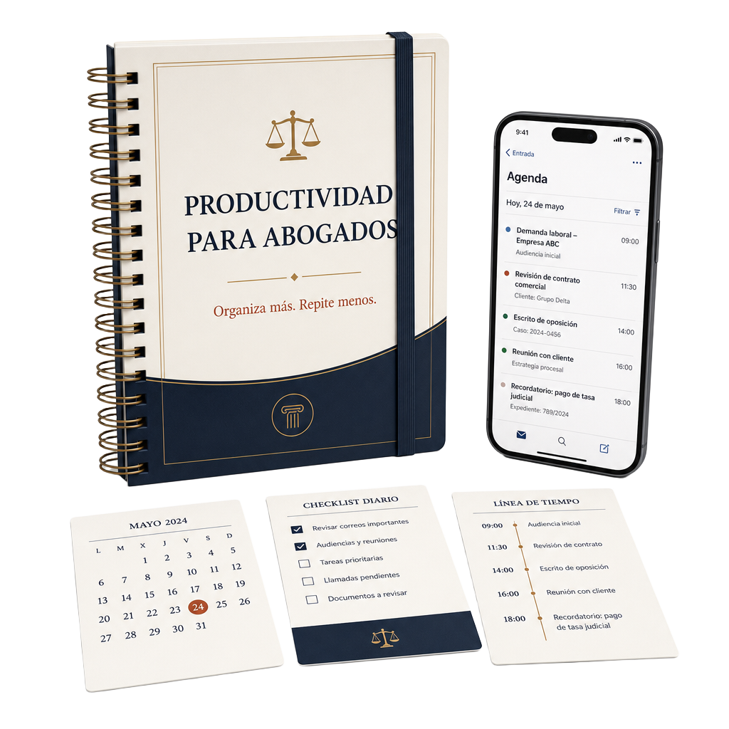 Planner Productividad para Abogados con smartphone, calendario y checklist